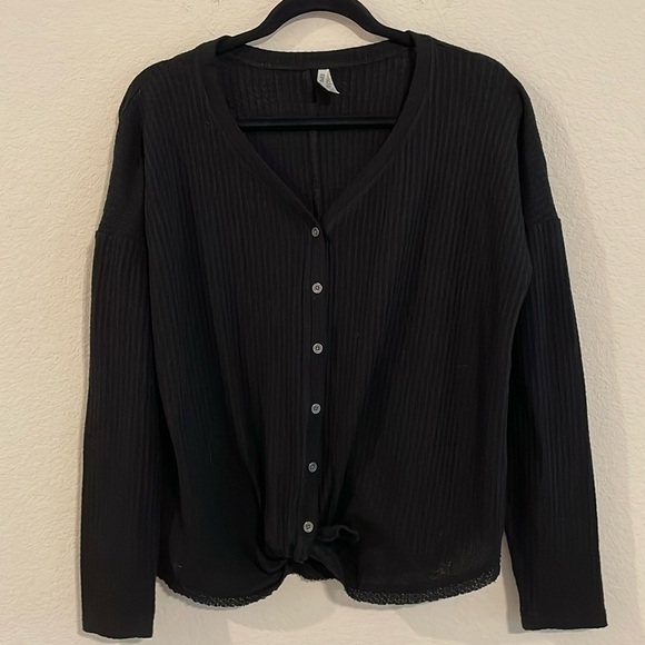 Mudd Women Button Front Shirt Large Black Y2K Retro Waffle Knit Cotton Comfy - Picture 1 of 11